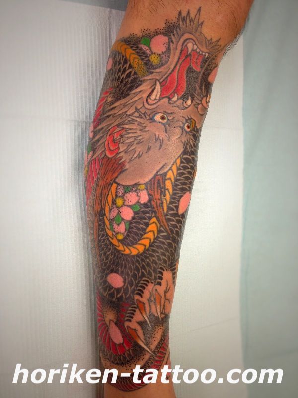 足,龍,カラー,桜タトゥー/刺青デザイン画像