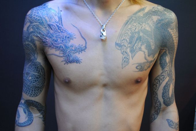 龍,鳳凰,腕,抜き,腕タトゥー/刺青デザイン画像
