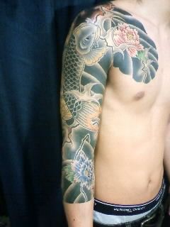 鯉,牡丹,七分袖,太鼓タトゥー/刺青デザイン画像