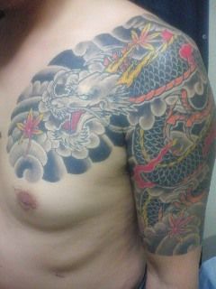 龍,紅葉,五分袖,太鼓タトゥー/刺青デザイン画像