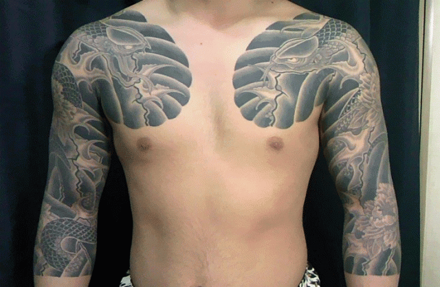 蛇,牡丹,ブラック＆グレー,七分袖,太鼓タトゥー/刺青デザイン画像