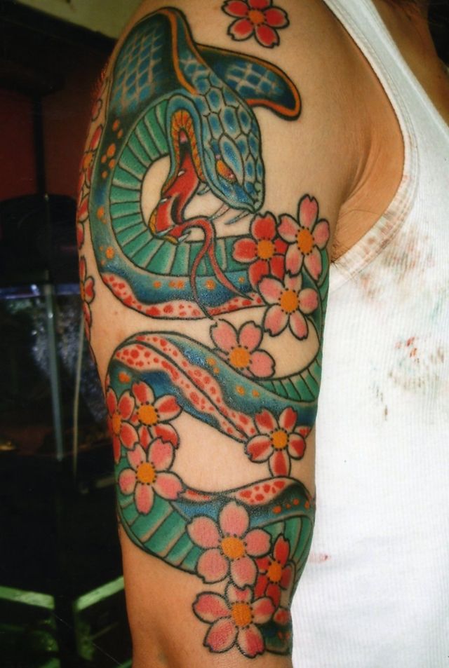 腕,蛇,桜タトゥー/刺青デザイン画像