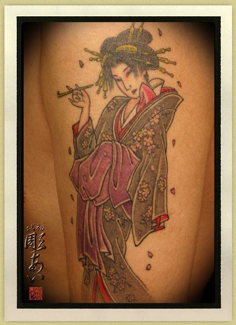 牡丹,人物,着物タトゥー/刺青デザイン画像