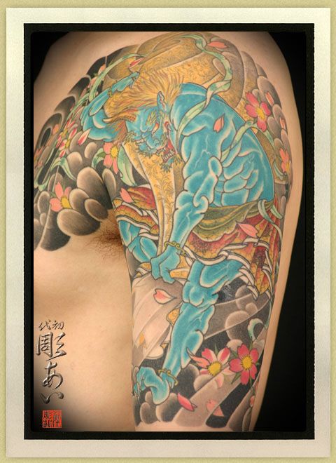 風神,五分袖,桜,太鼓,人物タトゥー/刺青デザイン画像