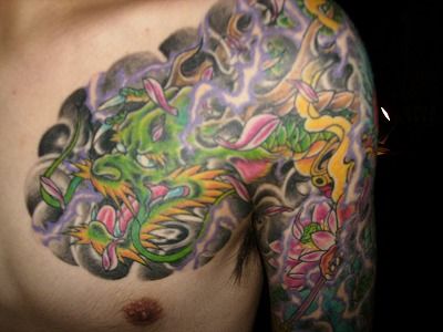 五分袖,龍,太鼓,菊,花,植物タトゥー/刺青デザイン画像