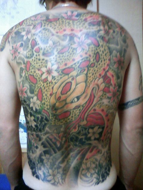 蛇,抜き,桜,背中タトゥー/刺青デザイン画像