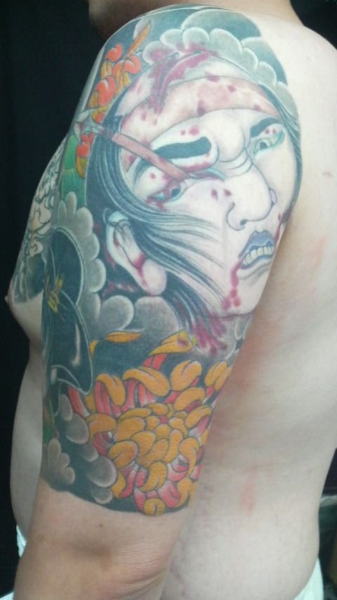 菊,生首,五分袖,花,植物タトゥー/刺青デザイン画像