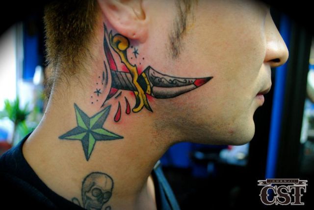 首,ナイフ,スター,スカル,星タトゥー/刺青デザイン画像