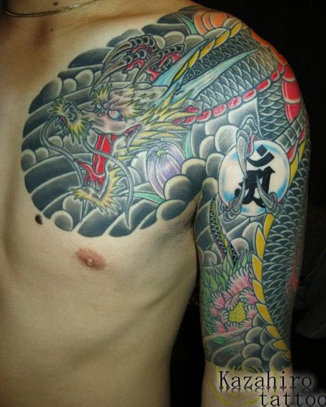 牡丹,龍,五分袖,太鼓,梵字タトゥー/刺青デザイン画像