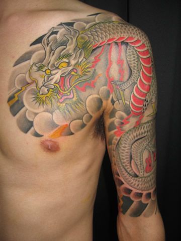 五分袖,龍,太鼓タトゥー/刺青デザイン画像