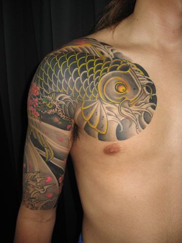 鯉,桜,五分袖,太鼓タトゥー/刺青デザイン画像