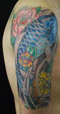 鯉,五分袖,牡丹タトゥー/刺青デザイン画像
