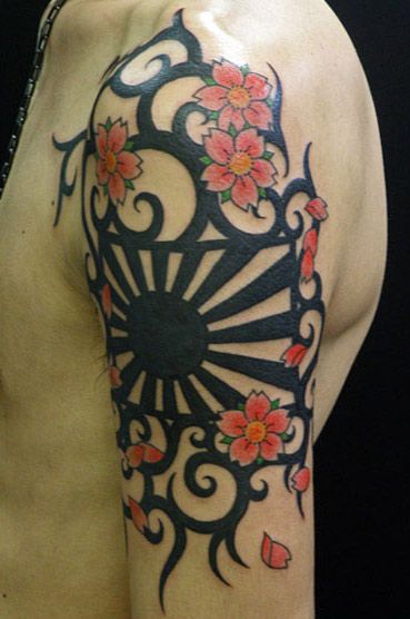 桜,トライバル,腕タトゥー/刺青デザイン画像