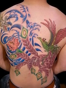 鳳凰,龍,背中,抜きタトゥー/刺青デザイン画像