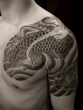 額,鯉,牡丹,太鼓タトゥー/刺青デザイン画像