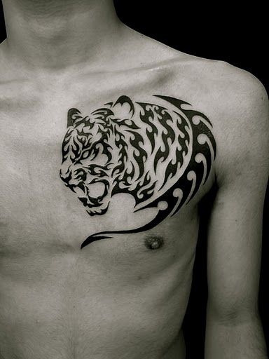 胸,虎,ポートレート,動物タトゥー/刺青デザイン画像