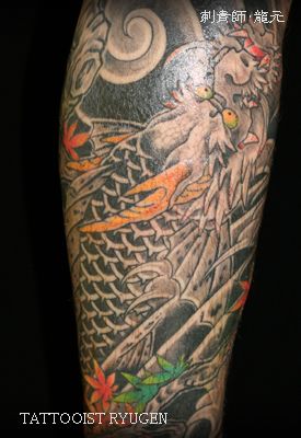 龍,紅葉,額,足タトゥー/刺青デザイン画像