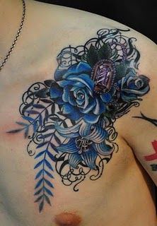 胸,ダイヤモンド,薔薇タトゥー/刺青デザイン画像