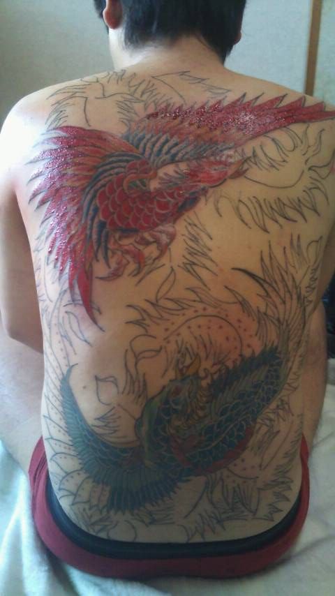 背中,抜き,鳳凰タトゥー/刺青デザイン画像
