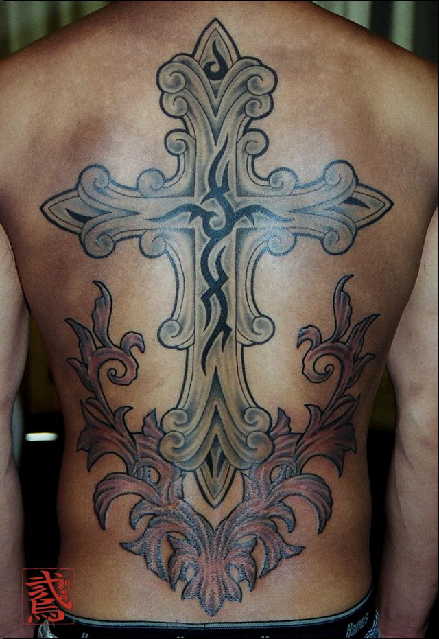 背中,十字架,花,ブラック＆グレータトゥー/刺青デザイン画像