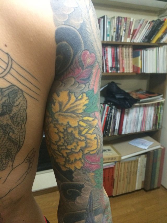 腕,カラー,牡丹タトゥー/刺青デザイン画像