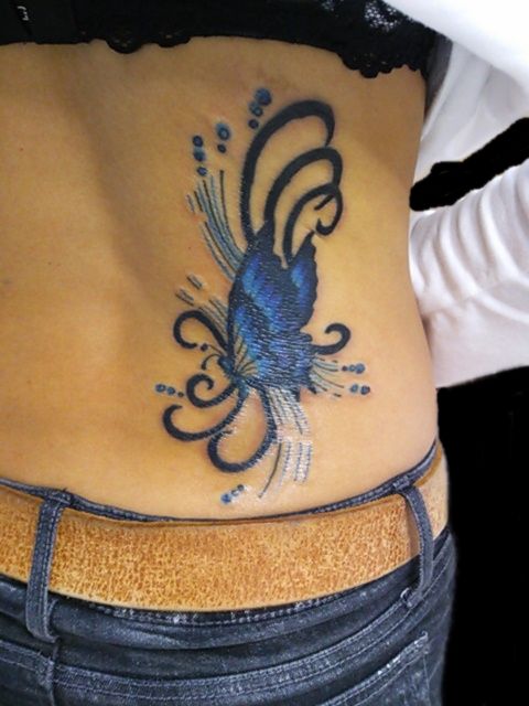 蝶,腰,バタフライ,カラータトゥー/刺青デザイン画像