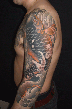 腕,鯉,カラー,七分袖タトゥー/刺青デザイン画像