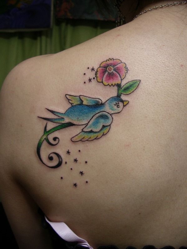 肩,鳥,薔薇タトゥー/刺青デザイン画像