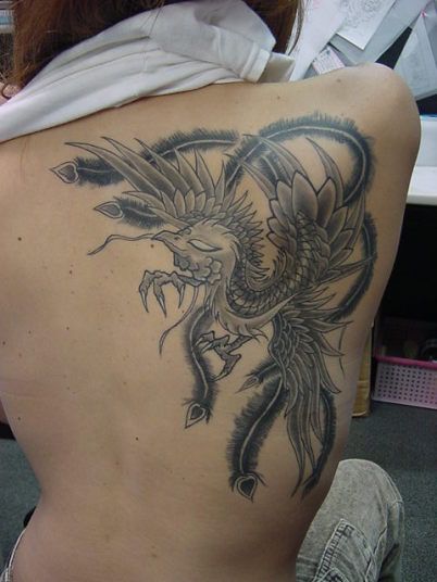 女性,肩,鳳凰,ブラック＆グレータトゥー/刺青デザイン画像