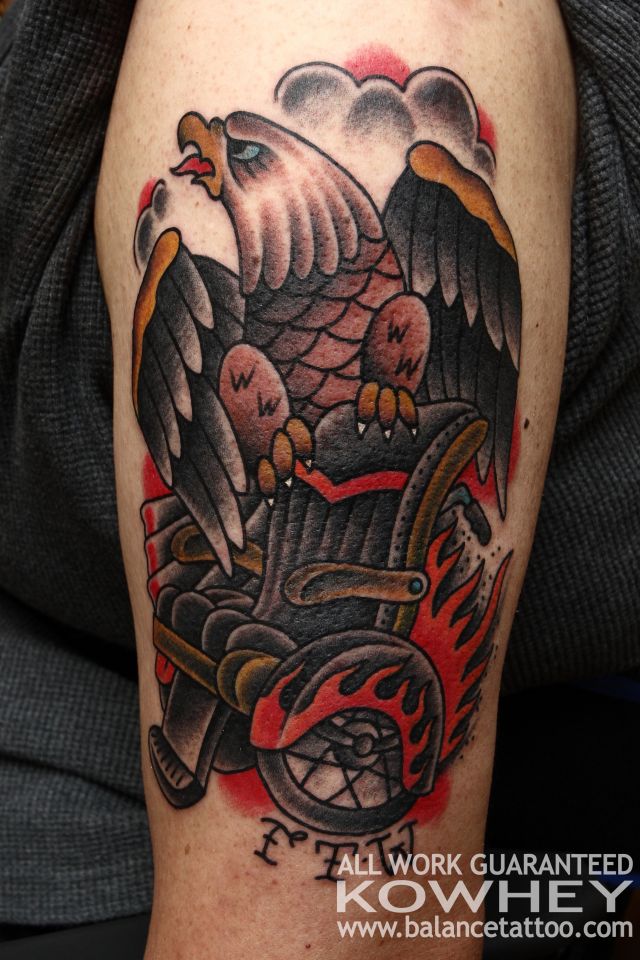 鳥,カラー,車椅子,腕タトゥー/刺青デザイン画像
