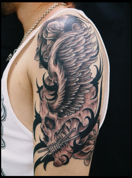 腕,スカル,薔薇,羽タトゥー/刺青デザイン画像
