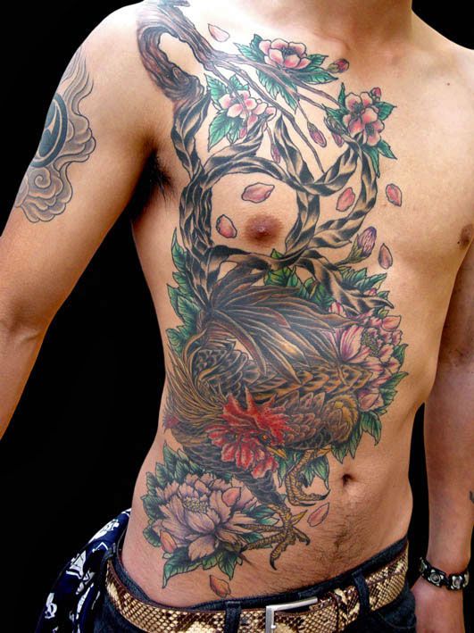 桜,牡丹,カラー,胸,腹タトゥー/刺青デザイン画像