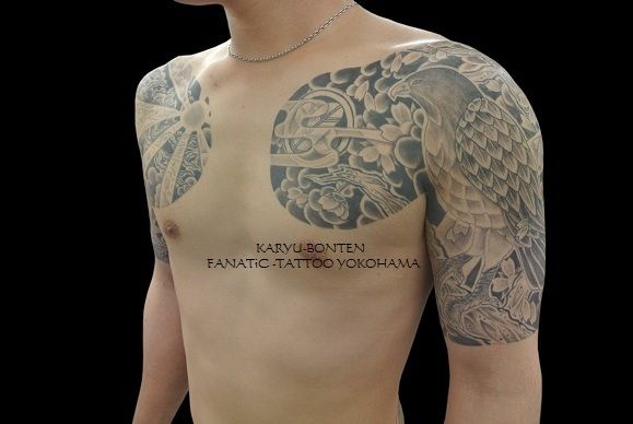 太鼓,五分袖,鷲,鳥,桜,日彰,ブラック＆グレータトゥー/刺青デザイン画像