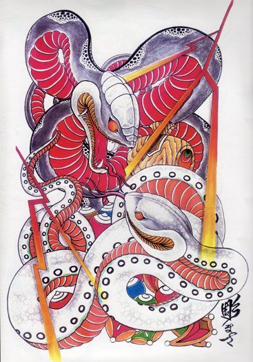 フラッシュアート,画,デザイン画,蛇,大蛇タトゥー/刺青デザイン画像