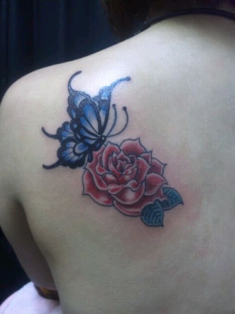 女性,背中,蝶,薔薇タトゥー/刺青デザイン画像