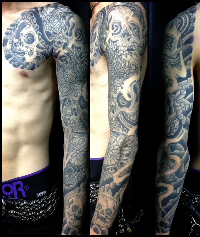 腕,スカル,蛇,菊,十分袖タトゥー/刺青デザイン画像