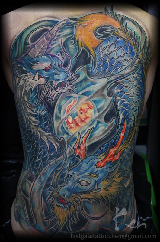 背中,青,麒麟,腰,動物,キャラクタータトゥー/刺青デザイン画像