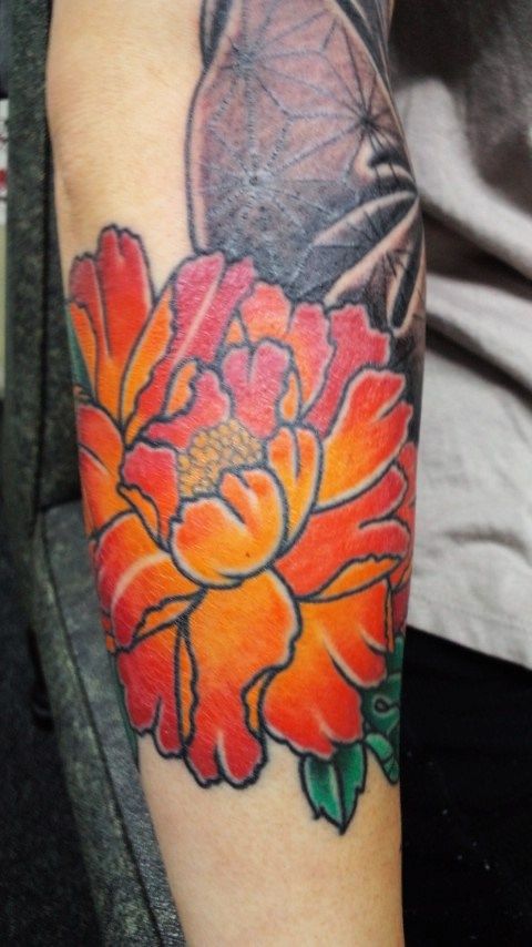 腕,カラー,花,牡丹タトゥー/刺青デザイン画像