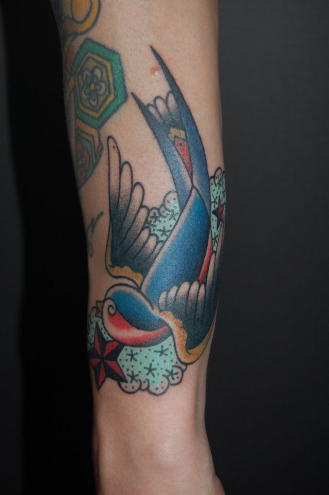 腕,男性,星,スター,つばめ,オールドスクール,カラー,青タトゥー/刺青デザイン画像