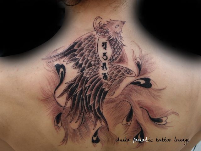 背中,鳳凰,梵字,ブラック＆グレータトゥー/刺青デザイン画像