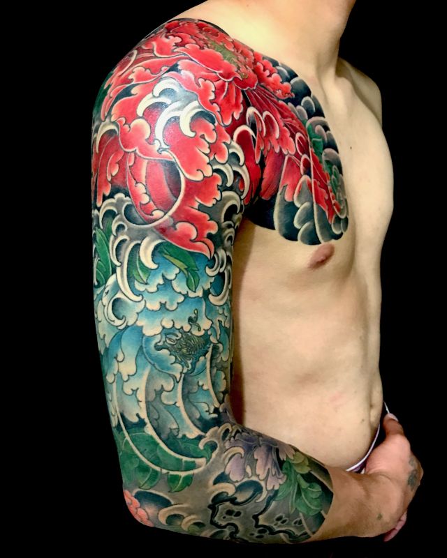 腕,胸,牡丹,花,カラー,カラフルタトゥー/刺青デザイン画像