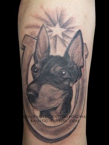 腕,ホースシュー,犬,動物,星,スター,ブラック＆グレータトゥー/刺青デザイン画像