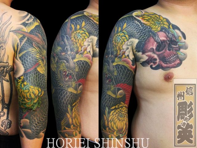腕,胸,スカル,龍,菊,カラータトゥー/刺青デザイン画像