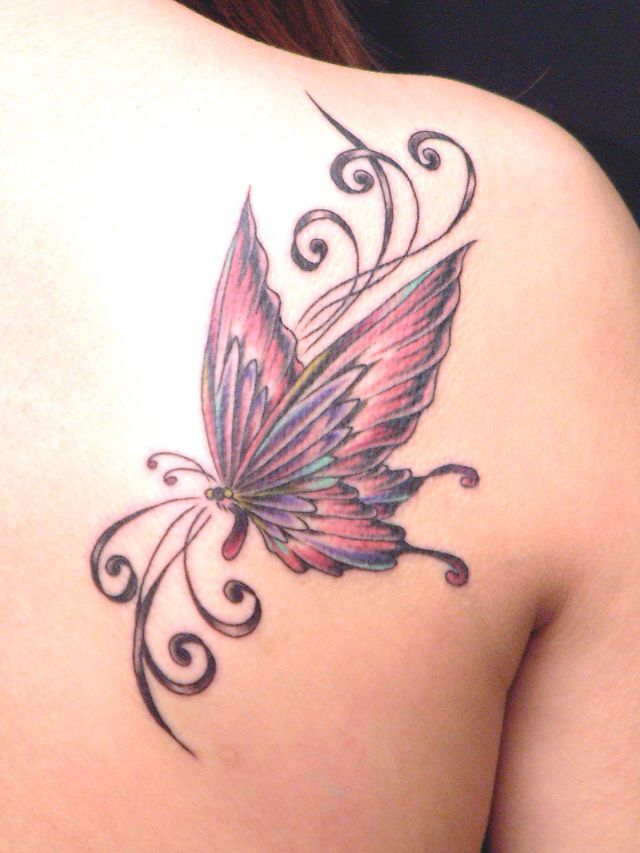 背中,蝶,トライバル,女性タトゥー/刺青デザイン画像