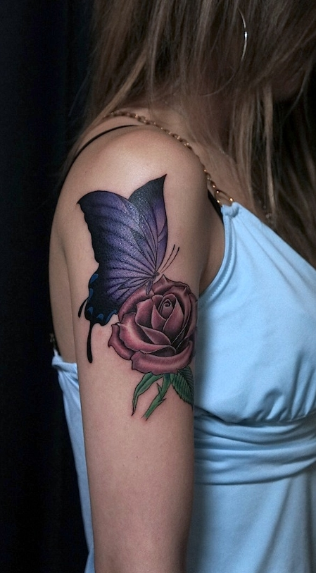 腕,蝶,牡丹タトゥー/刺青デザイン画像