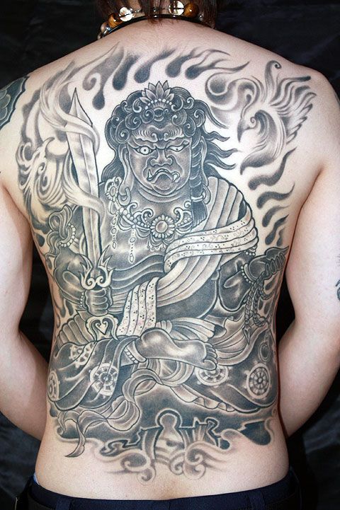 人物,不動明王,背中,抜き,ブラック＆グレータトゥー/刺青デザイン画像