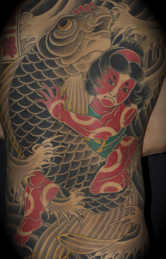抱き鯉,金太郎,背中,額タトゥー/刺青デザイン画像