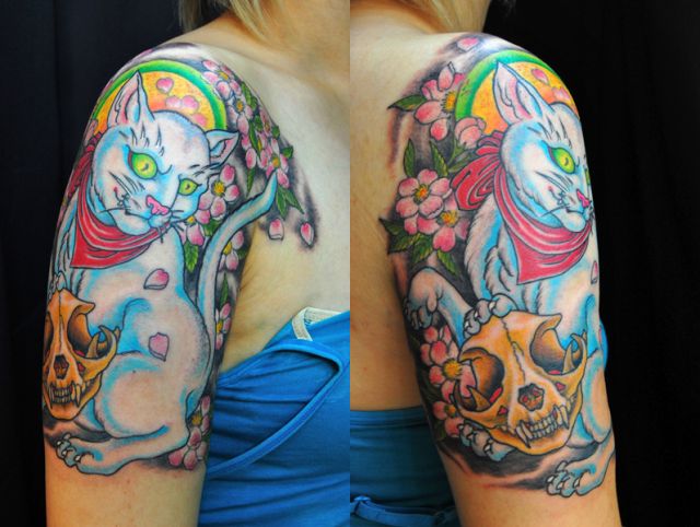 女性,腕,猫,スカル,骸骨,化け猫タトゥー/刺青デザイン画像