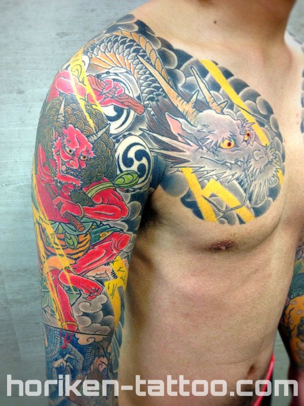 腕,龍,太鼓,雷神タトゥー/刺青デザイン画像