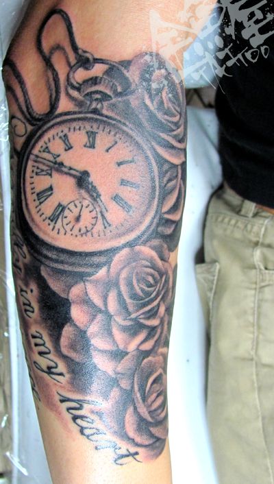 腕,薔薇,時計,ブラック＆グレイ,ブラック＆グレータトゥー/刺青デザイン画像